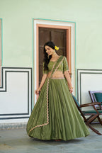 Lorenvalley Fashion Pista Chinon Plain Lehenga Sequins And Thread Embroidery Work Choli With Dupatta | Grocsy