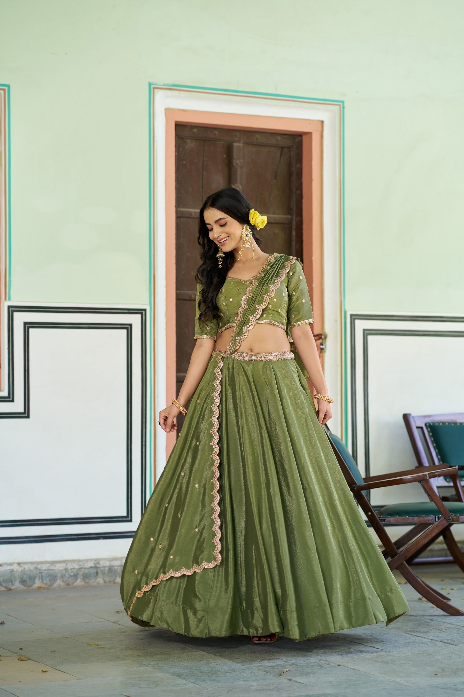 Lorenvalley Fashion Pista Chinon Plain Lehenga Sequins And Thread Embroidery Work Choli With Dupatta | Grocsy