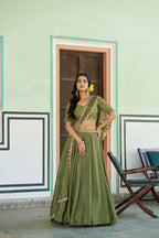 Lorenvalley Fashion Pista Chinon Plain Lehenga Sequins And Thread Embroidery Work Choli With Dupatta | Grocsy