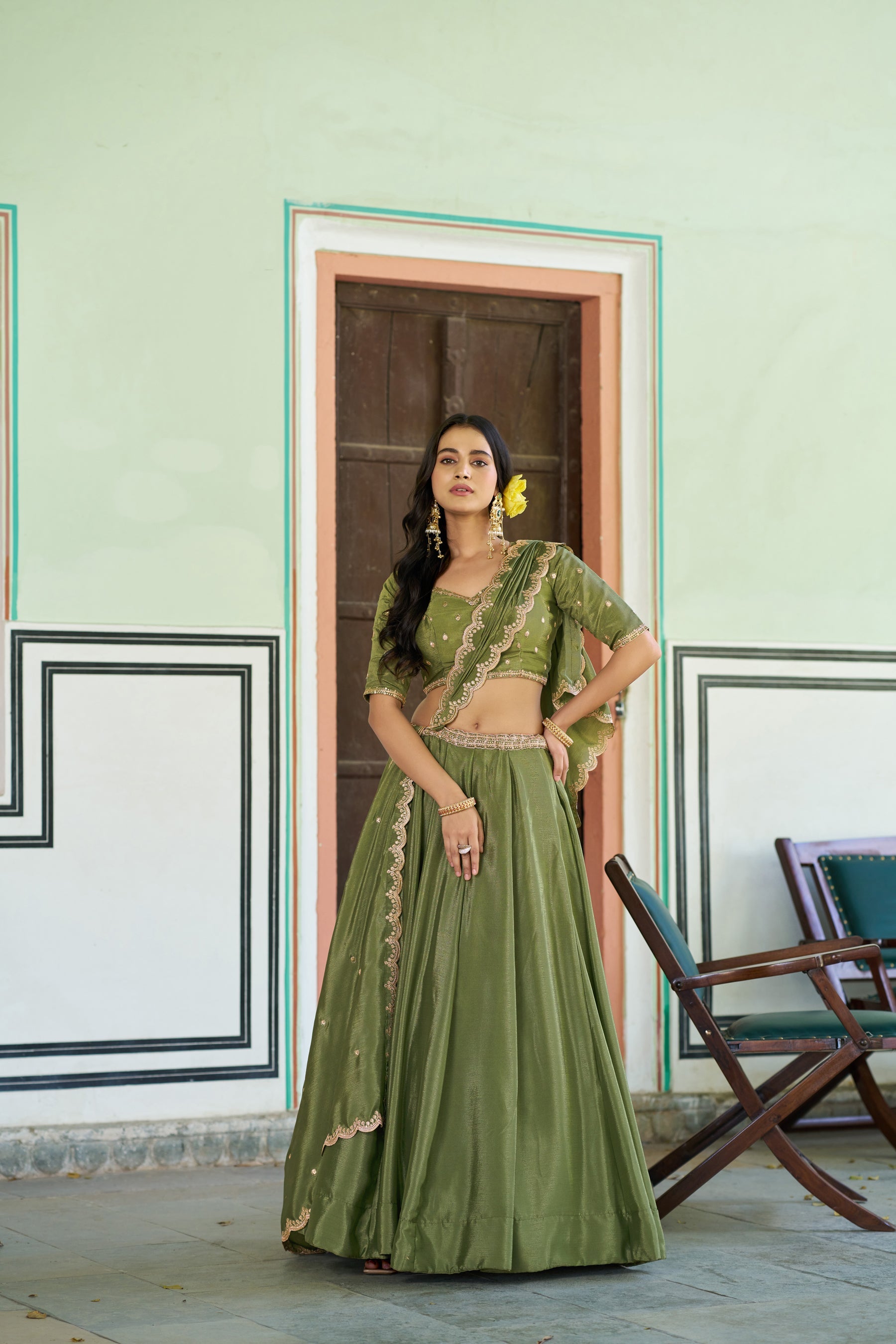 Lorenvalley Fashion Pista Chinon Plain Lehenga Sequins And Thread Embroidery Work Choli With Dupatta | Grocsy