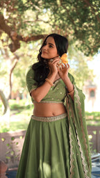 Lorenvalley Fashion Pista Chinon Plain Lehenga Sequins And Thread Embroidery Work Choli With Dupatta | Grocsy