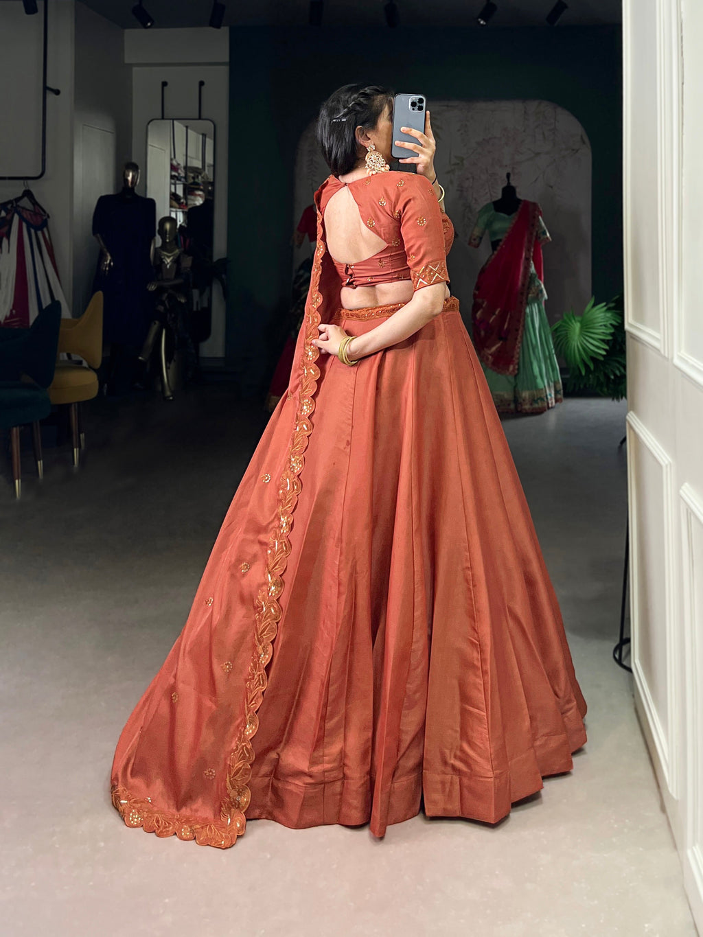 Lorenvalley Orange Pure Tussar Sequins and Thread Embroidery Work Belt Lehenga Choli with Dupatta | Grocsy