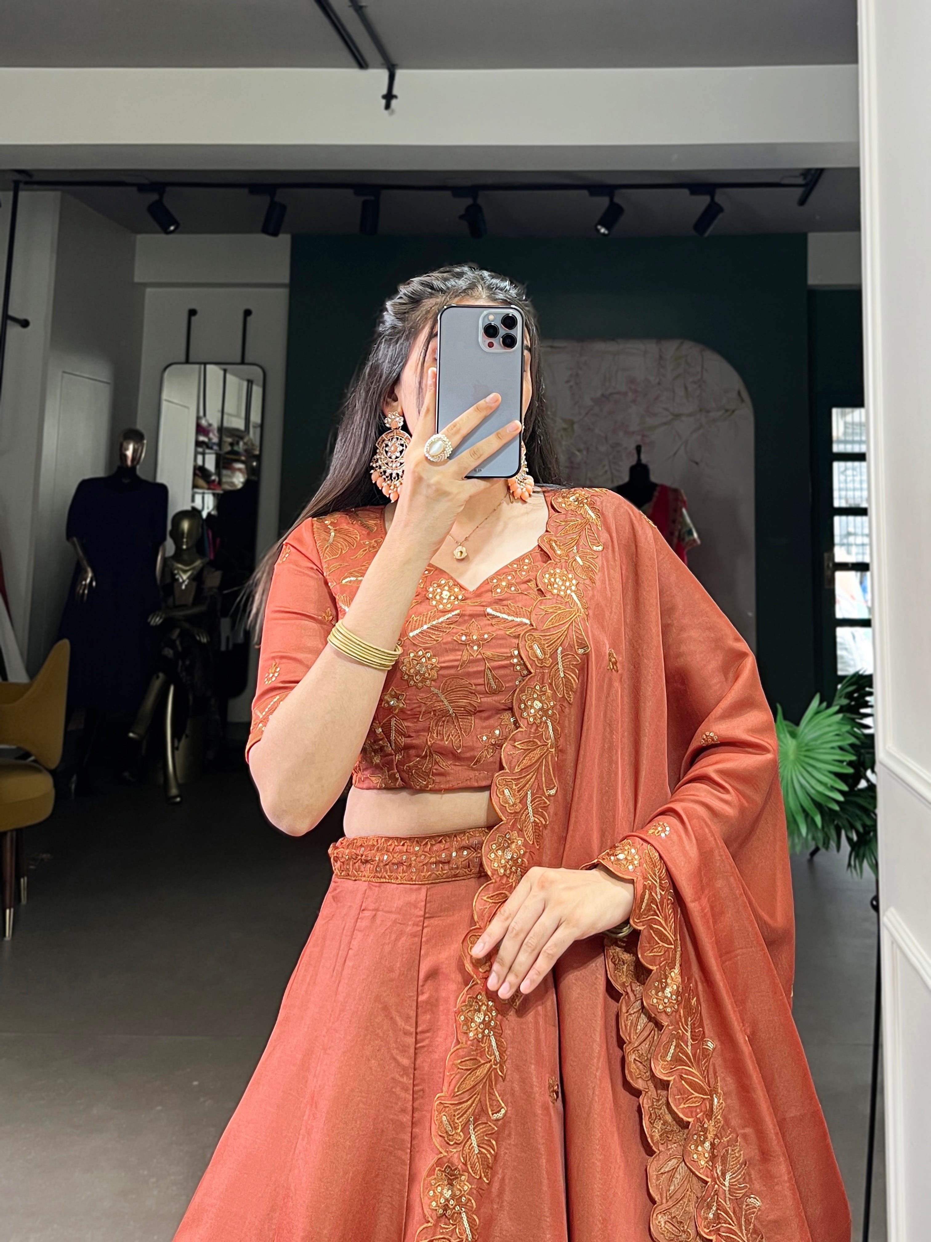 Lorenvalley Orange Pure Tussar Sequins and Thread Embroidery Work Belt Lehenga Choli with Dupatta | Grocsy