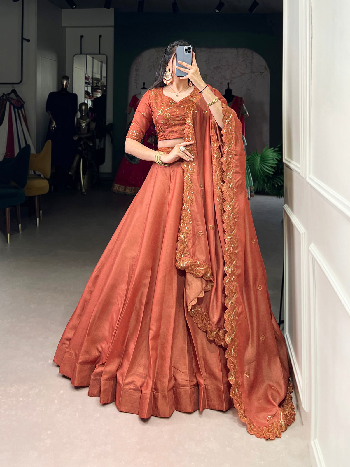 Lorenvalley Orange Pure Tussar Sequins and Thread Embroidery Work Belt Lehenga Choli with Dupatta | Grocsy