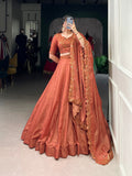 Lorenvalley Orange Pure Tussar Sequins and Thread Embroidery Work Belt Lehenga Choli with Dupatta | Grocsy