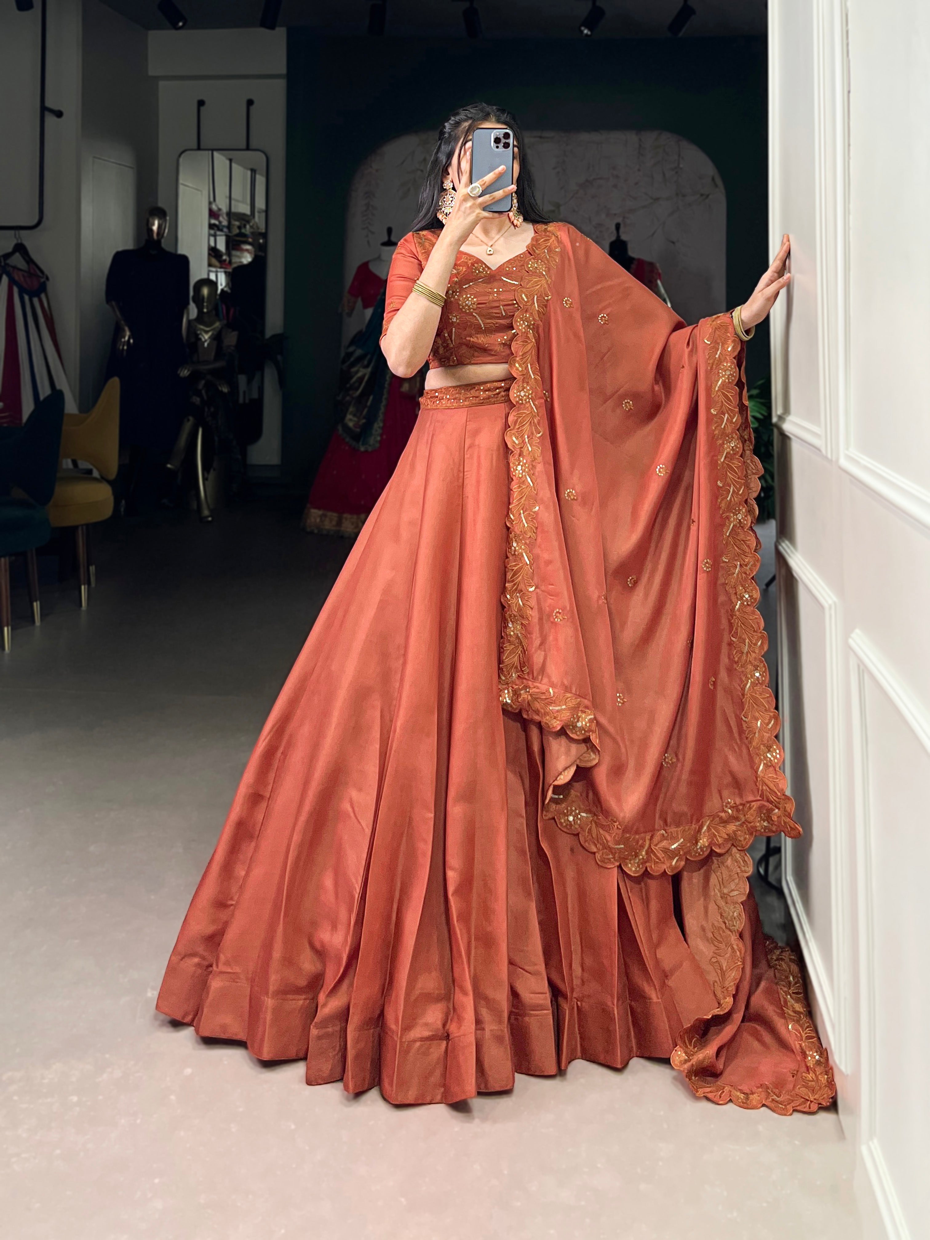Lorenvalley Orange Pure Tussar Sequins and Thread Embroidery Work Belt Lehenga Choli with Dupatta | Grocsy