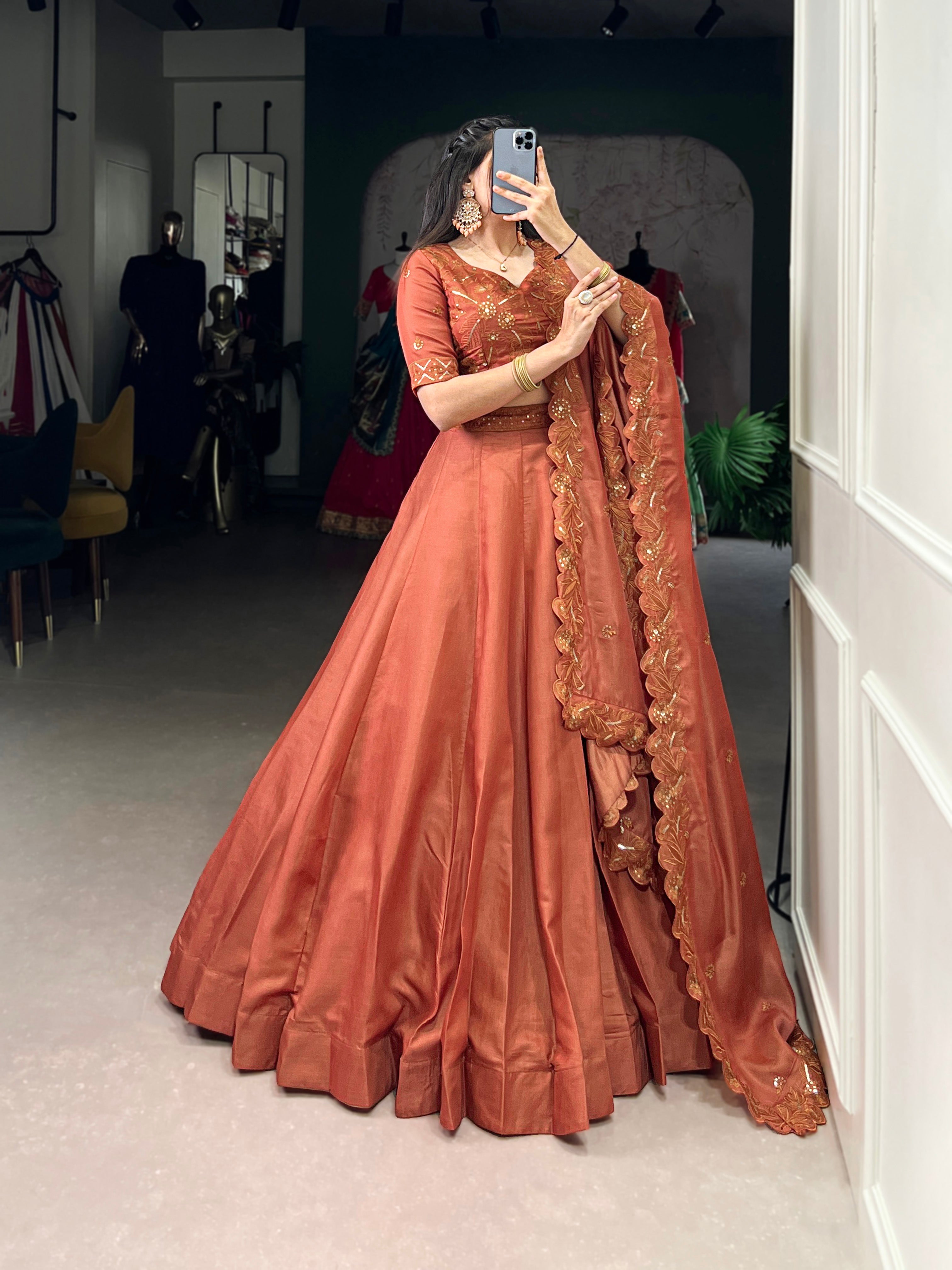 Lorenvalley Orange Pure Tussar Sequins and Thread Embroidery Work Belt Lehenga Choli with Dupatta | Grocsy