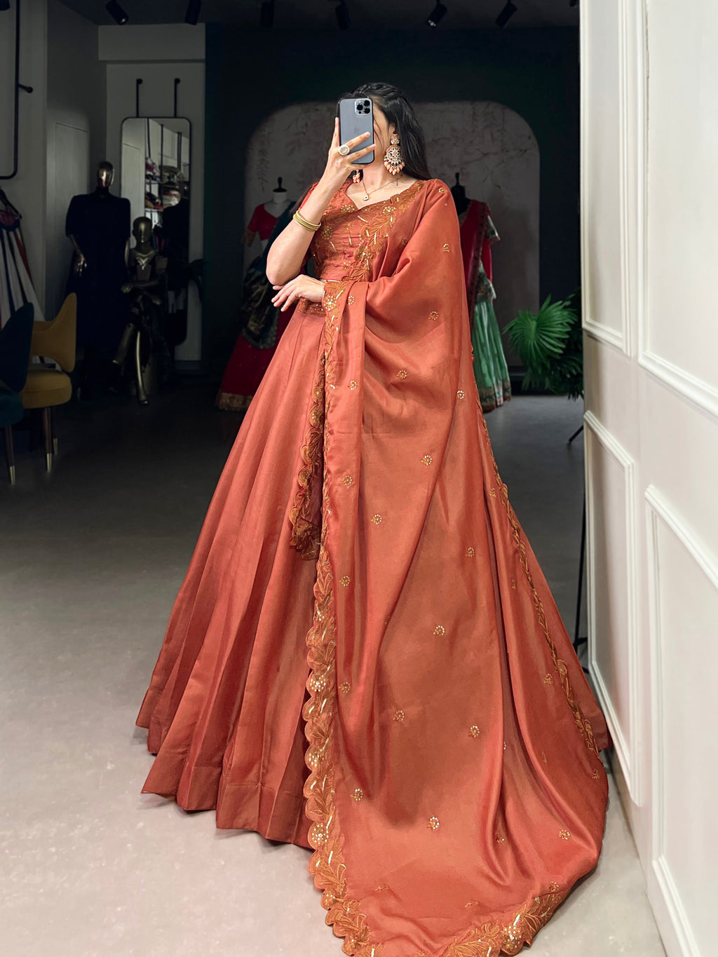 Lorenvalley Orange Pure Tussar Sequins and Thread Embroidery Work Belt Lehenga Choli with Dupatta | Grocsy