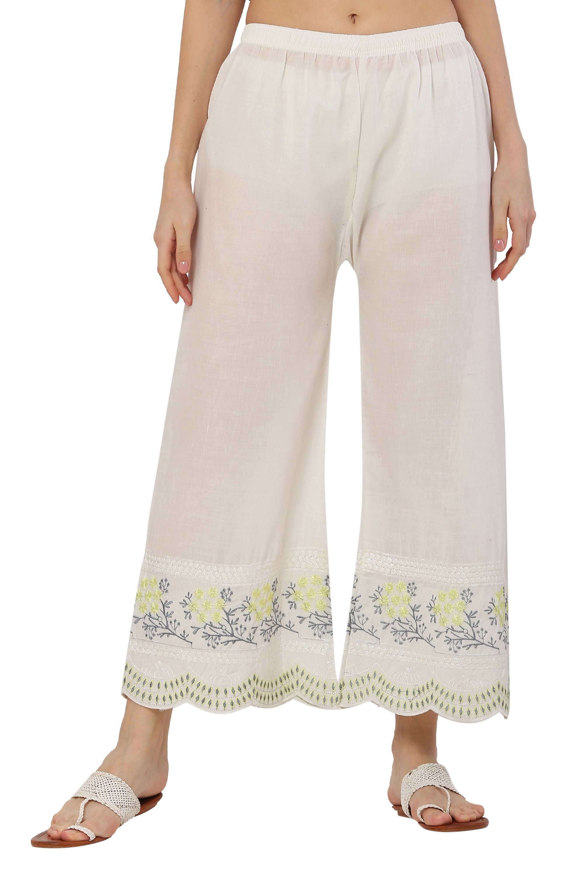 PAVONINE Lemon Color Hem Half Chikankari Cotton Fabric Sharara For Women | Grocsy