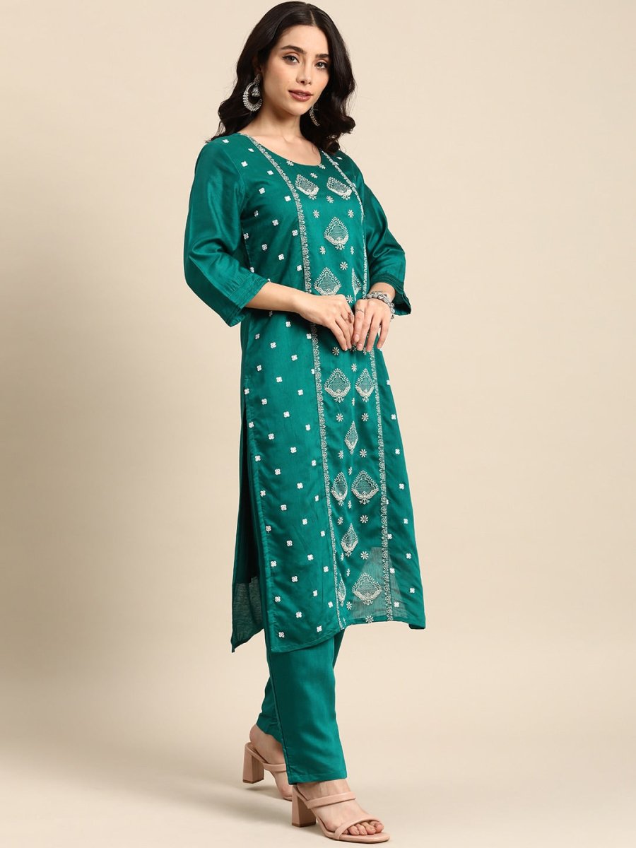 All About You Ethnic Motifs Embroidered Panelled Thread Work Chanderi Silk Kurta Set | Grocsy