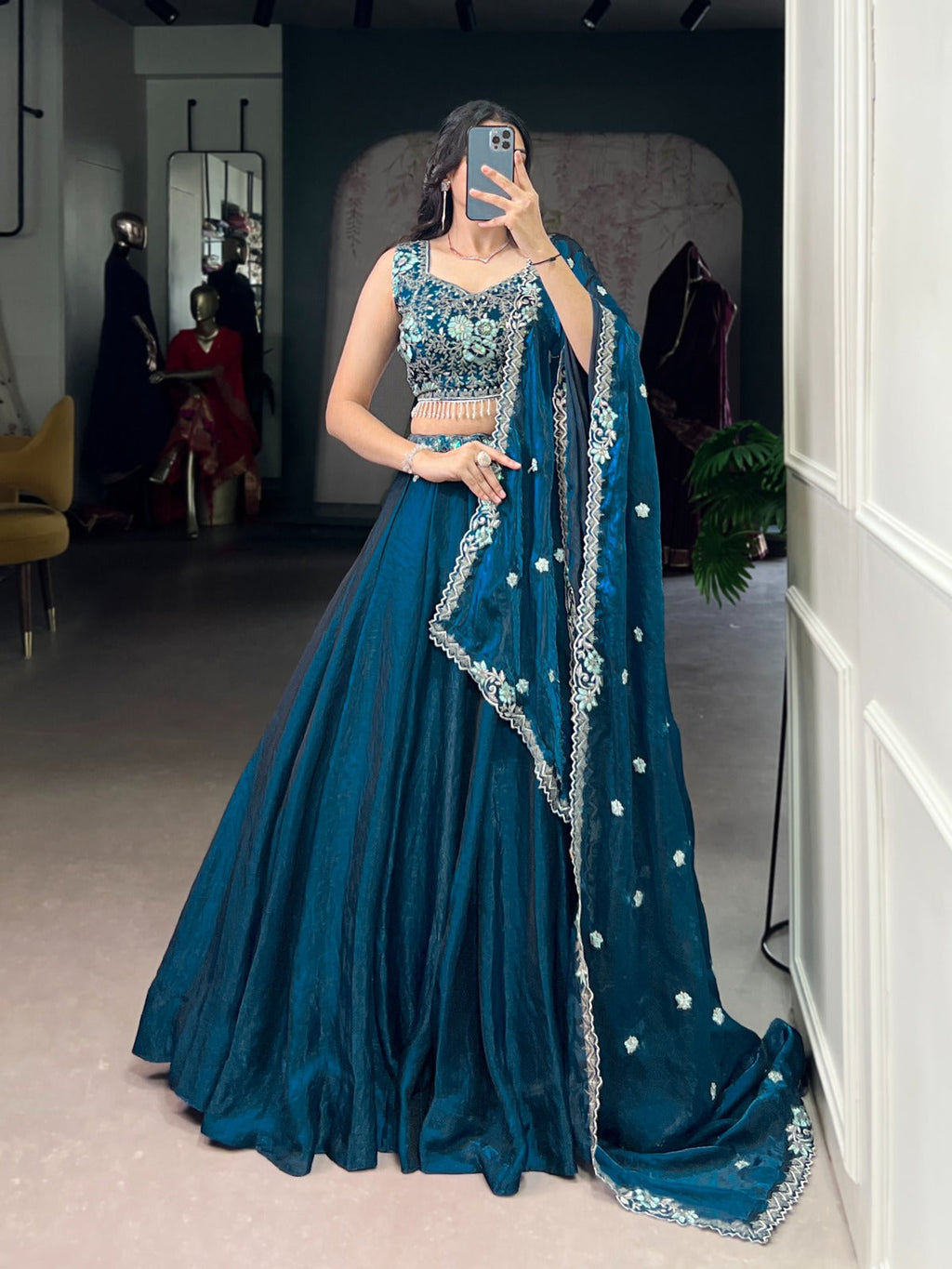 Lorenvalley Fashion Rama Fendi Silk Sequins and Thread Embroidery Work Belt Lehenga Choli with Dupatta | Grocsy
