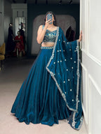 Lorenvalley Fashion Rama Fendi Silk Sequins and Thread Embroidery Work Belt Lehenga Choli with Dupatta | Grocsy