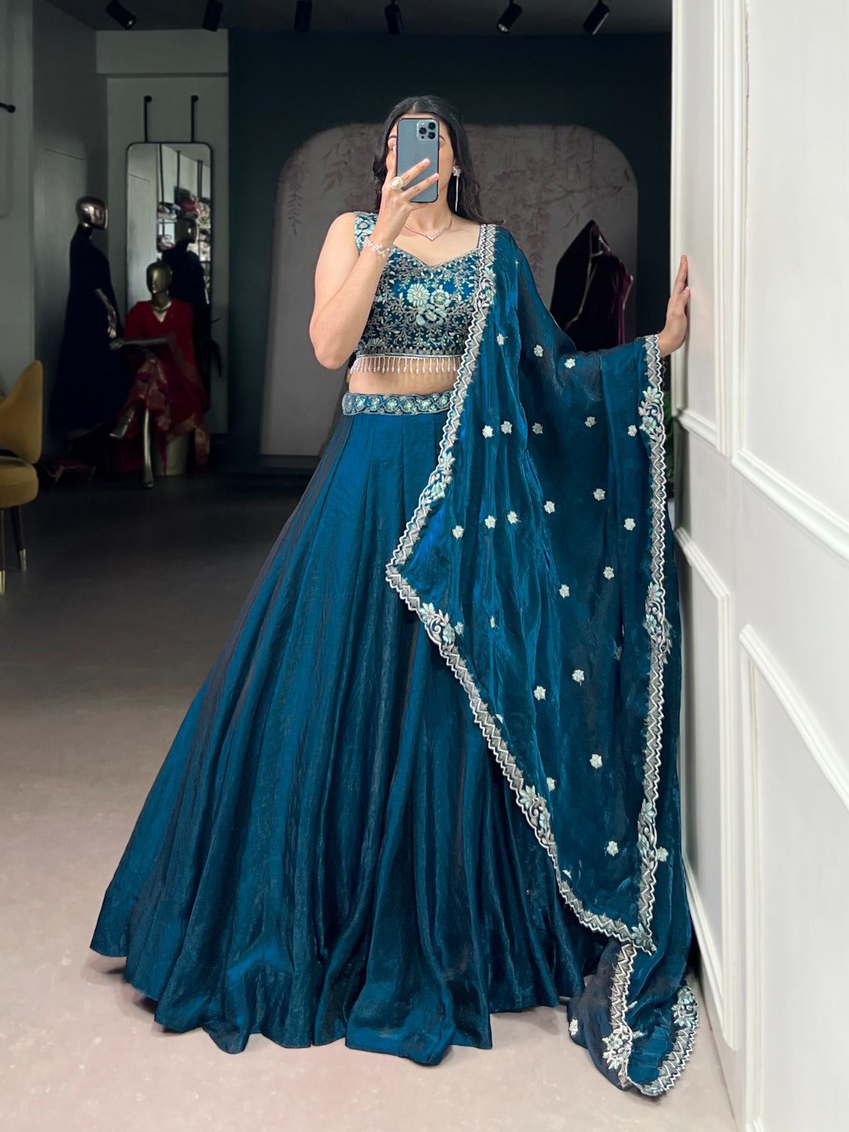 Lorenvalley Fashion Rama Fendi Silk Sequins and Thread Embroidery Work Belt Lehenga Choli with Dupatta | Grocsy