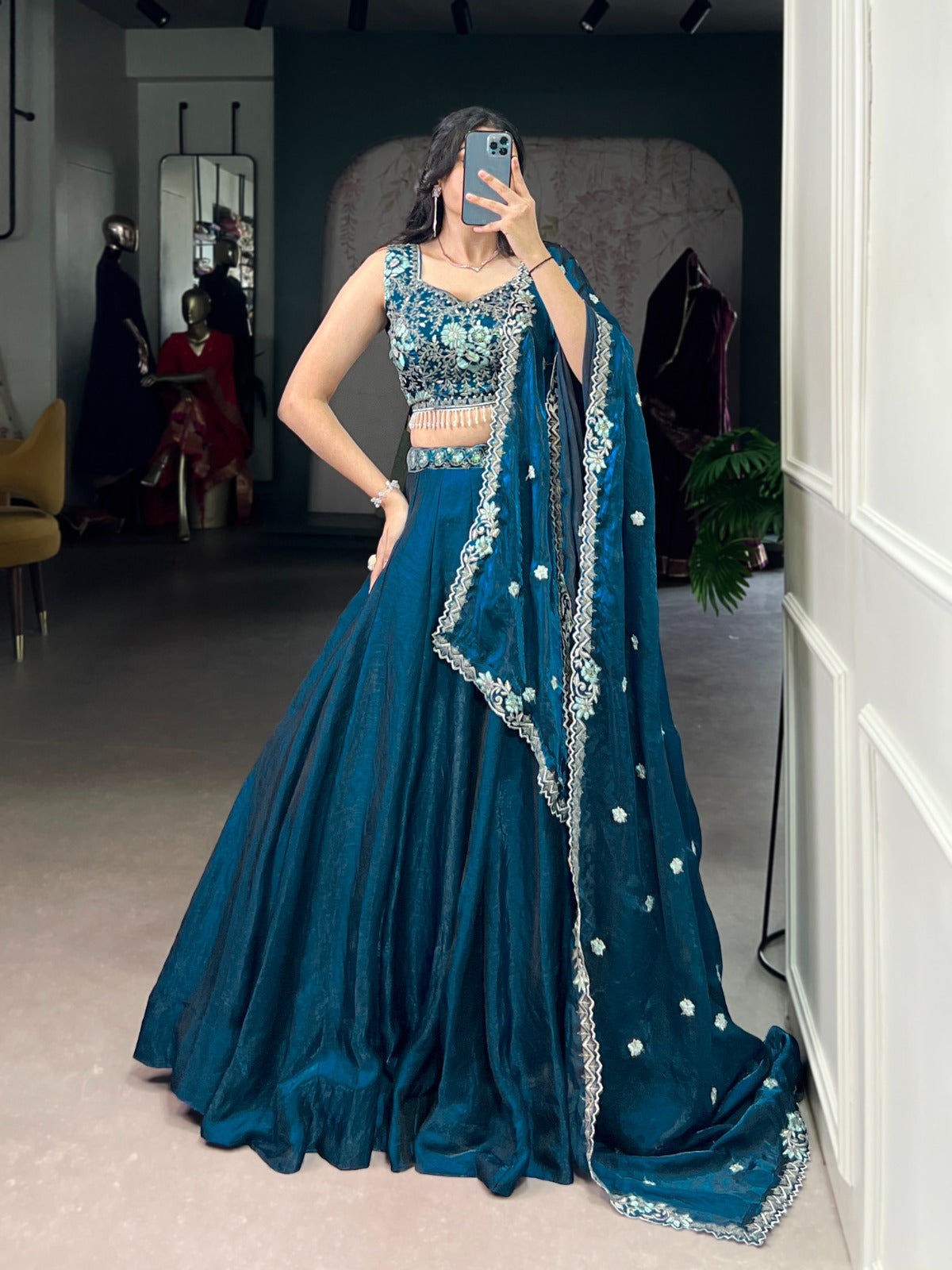 Lorenvalley Fashion Rama Fendi Silk Sequins and Thread Embroidery Work Belt Lehenga Choli with Dupatta | Grocsy