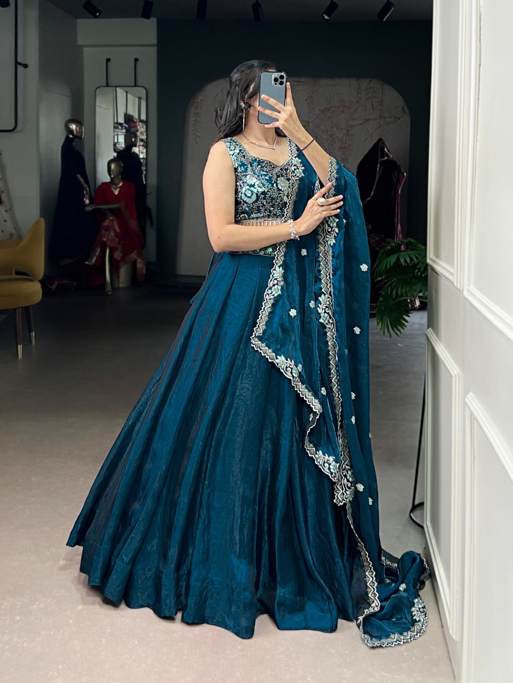 Lorenvalley Fashion Rama Fendi Silk Sequins and Thread Embroidery Work Belt Lehenga Choli with Dupatta | Grocsy