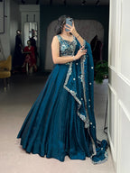 Lorenvalley Fashion Rama Fendi Silk Sequins and Thread Embroidery Work Belt Lehenga Choli with Dupatta | Grocsy