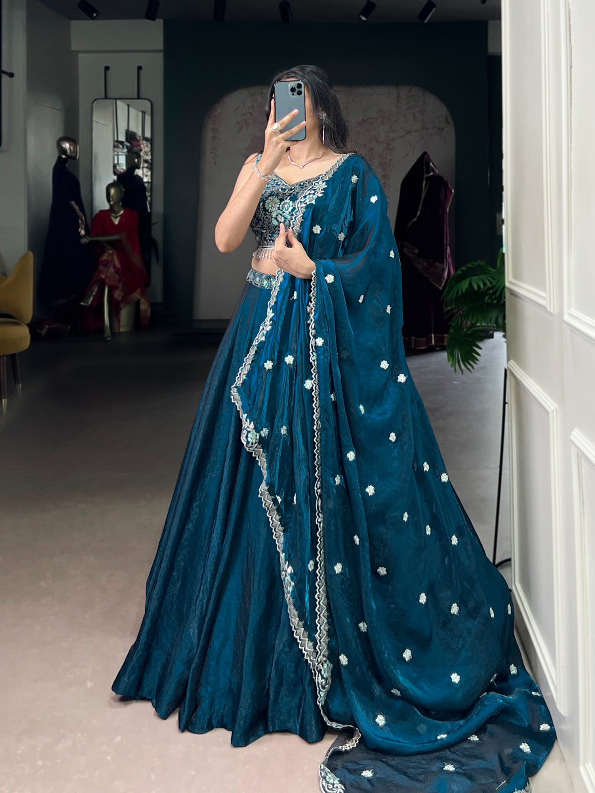 Lorenvalley Fashion Rama Fendi Silk Sequins and Thread Embroidery Work Belt Lehenga Choli with Dupatta | Grocsy