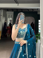 Lorenvalley Fashion Rama Fendi Silk Sequins and Thread Embroidery Work Belt Lehenga Choli with Dupatta | Grocsy