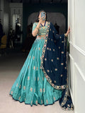 Lorenvalley Skyblue Slab Silk Sequins and Thread Embroidery Work Lehenga Choli with Dupatta | Grocsy