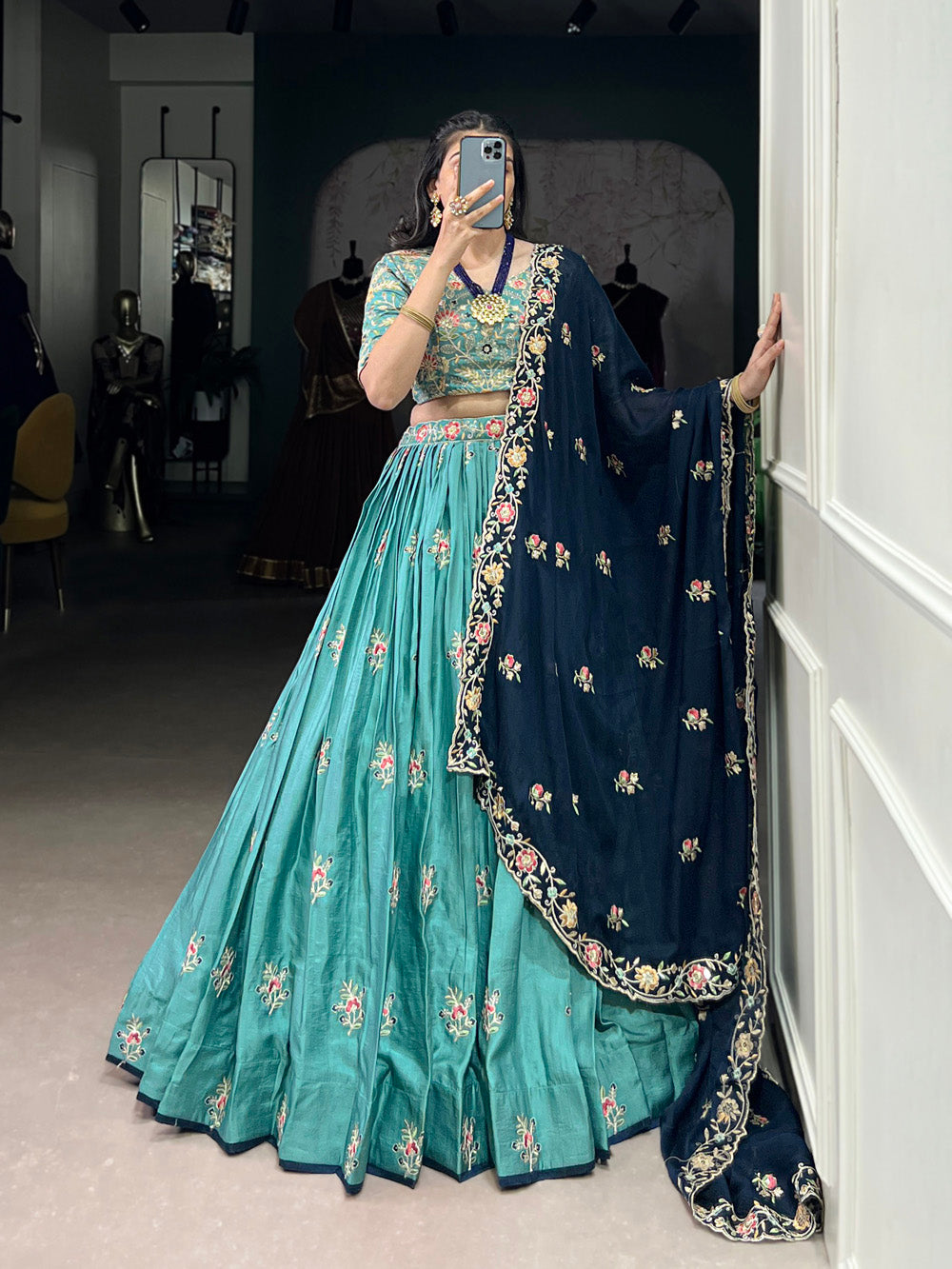 Lorenvalley Skyblue Slab Silk Sequins and Thread Embroidery Work Lehenga Choli with Dupatta | Grocsy