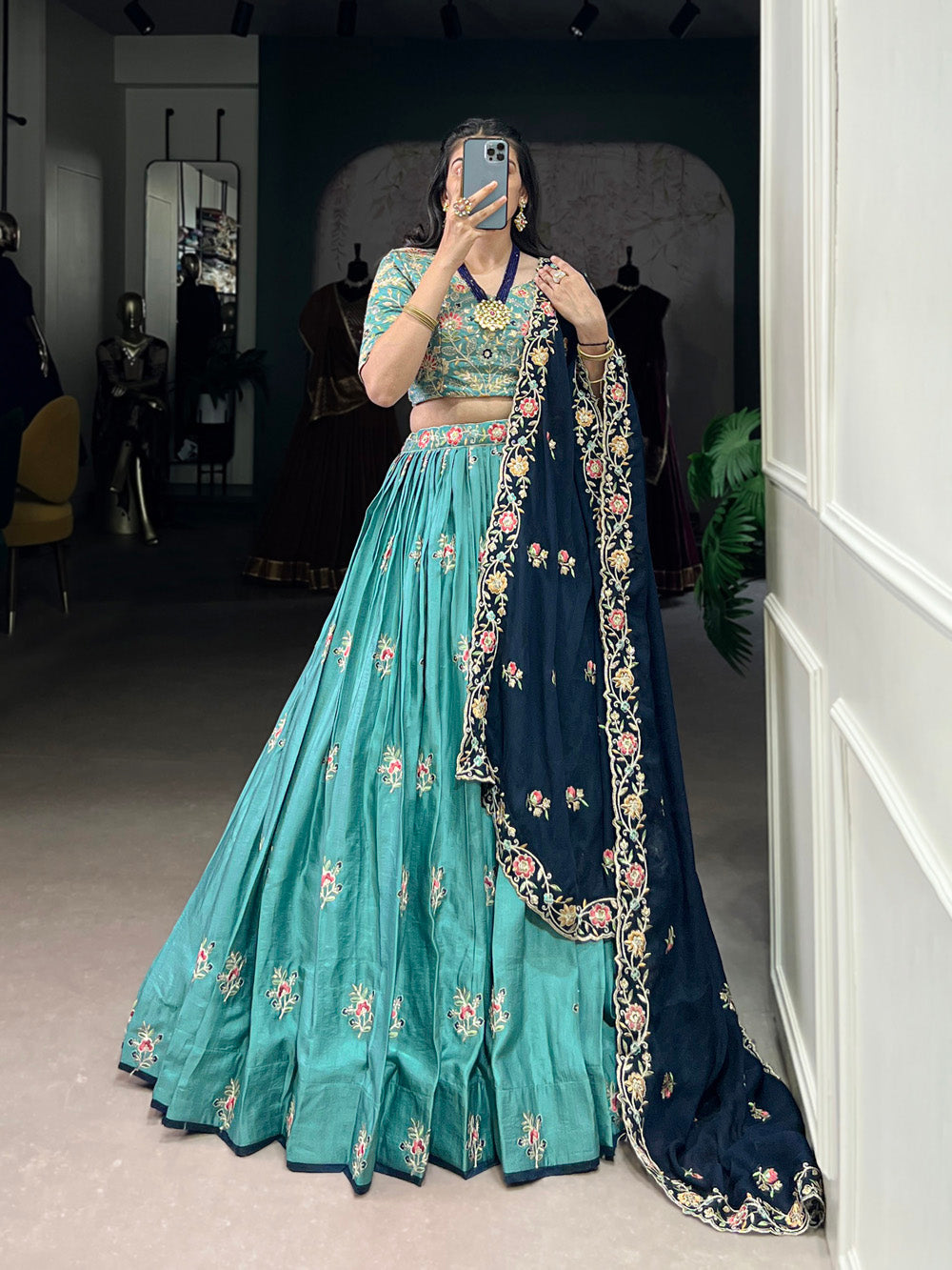Lorenvalley Skyblue Slab Silk Sequins and Thread Embroidery Work Lehenga Choli with Dupatta | Grocsy