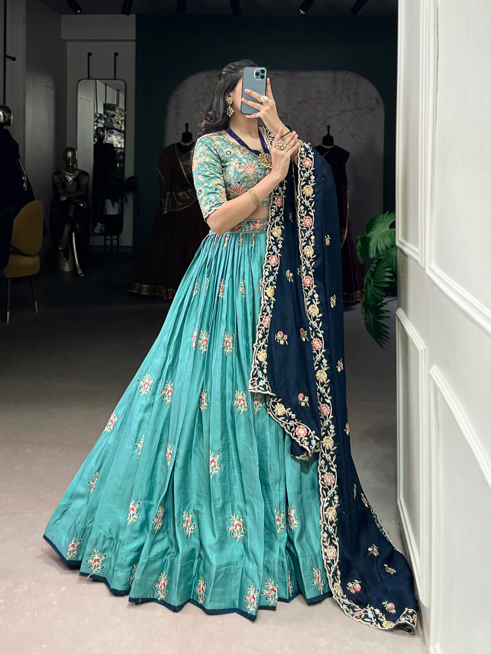 Lorenvalley Skyblue Slab Silk Sequins and Thread Embroidery Work Lehenga Choli with Dupatta | Grocsy