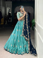 Lorenvalley Skyblue Slab Silk Sequins and Thread Embroidery Work Lehenga Choli with Dupatta | Grocsy