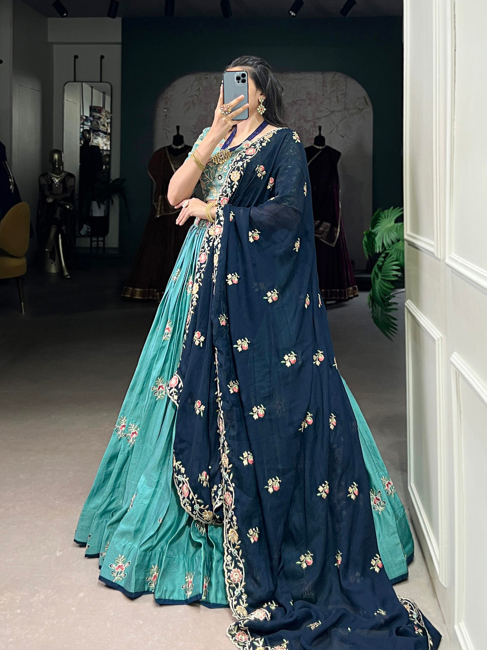 Lorenvalley Skyblue Slab Silk Sequins and Thread Embroidery Work Lehenga Choli with Dupatta | Grocsy