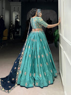 Lorenvalley Skyblue Slab Silk Sequins and Thread Embroidery Work Lehenga Choli with Dupatta | Grocsy