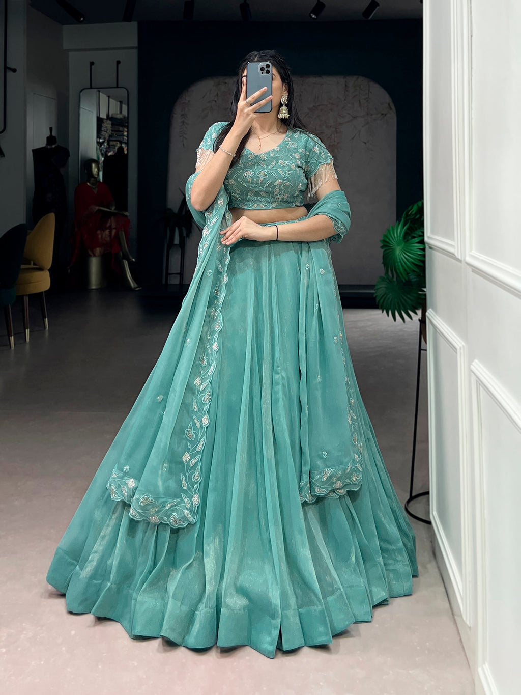 Lorenvalley Fashion Seagreen Gold Coin Beads & Thread Embroidery Work Lehenga Choli with Dupatta | Grocsy