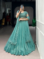 Lorenvalley Fashion Seagreen Gold Coin Beads & Thread Embroidery Work Lehenga Choli with Dupatta | Grocsy