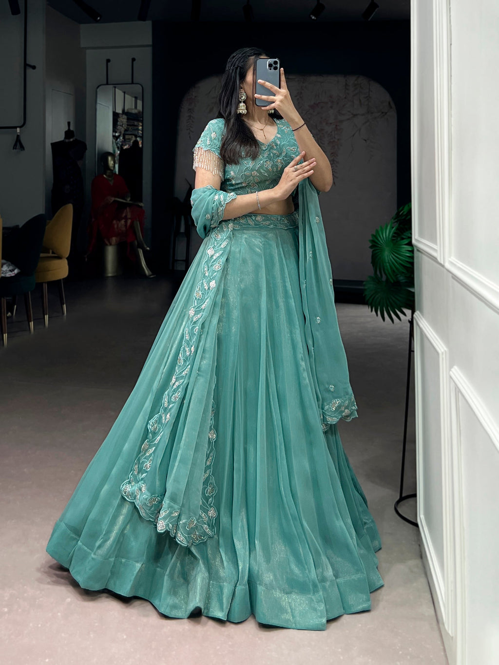 Lorenvalley Fashion Seagreen Gold Coin Beads & Thread Embroidery Work Lehenga Choli with Dupatta | Grocsy