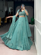 Lorenvalley Fashion Seagreen Gold Coin Beads & Thread Embroidery Work Lehenga Choli with Dupatta | Grocsy