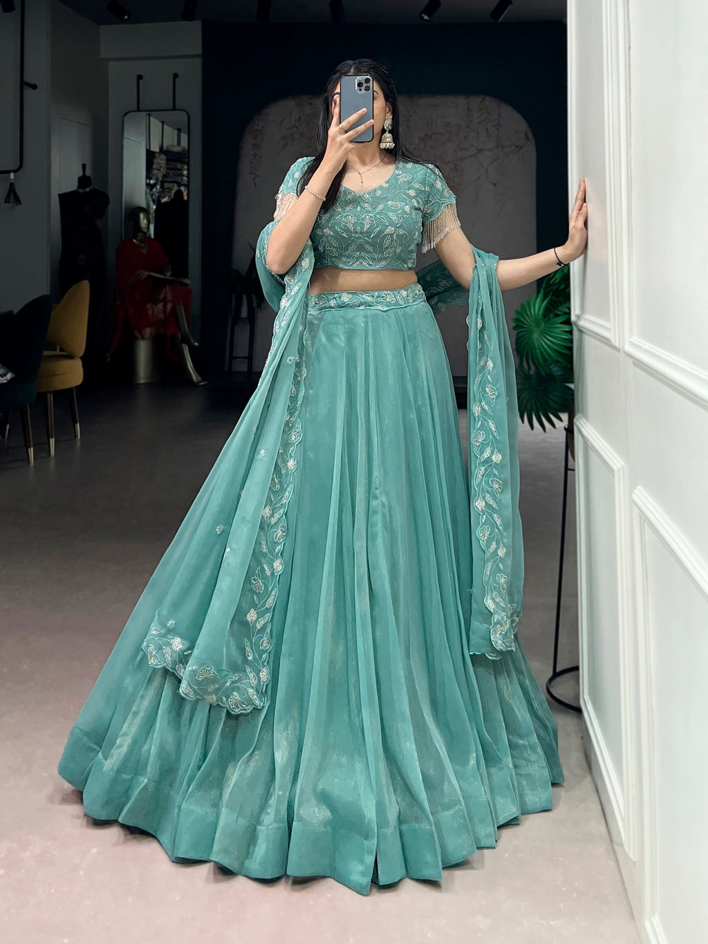 Lorenvalley Fashion Seagreen Gold Coin Beads & Thread Embroidery Work Lehenga Choli with Dupatta | Grocsy