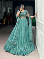 Lorenvalley Fashion Seagreen Gold Coin Beads & Thread Embroidery Work Lehenga Choli with Dupatta | Grocsy