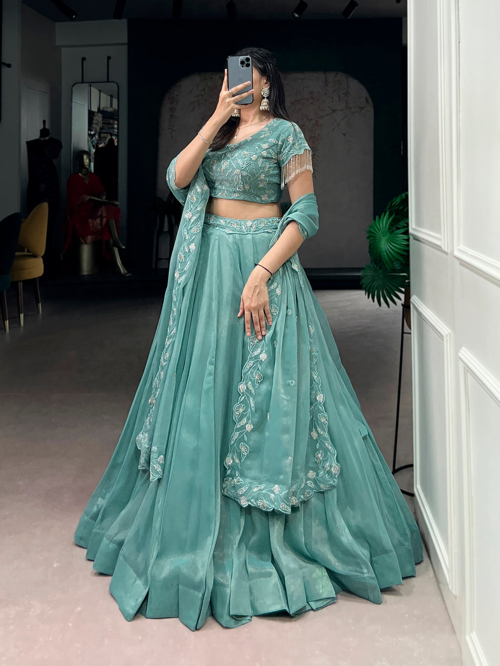 Lorenvalley Fashion Seagreen Gold Coin Beads & Thread Embroidery Work Lehenga Choli with Dupatta | Grocsy