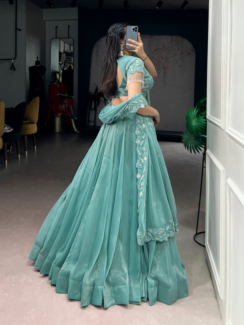 Lorenvalley Fashion Seagreen Gold Coin Beads & Thread Embroidery Work Lehenga Choli with Dupatta | Grocsy