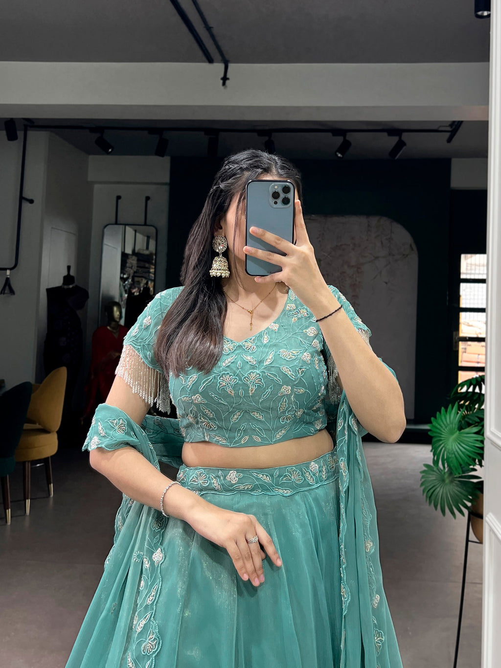 Lorenvalley Fashion Seagreen Gold Coin Beads & Thread Embroidery Work Lehenga Choli with Dupatta | Grocsy