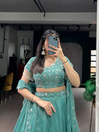Lorenvalley Fashion Seagreen Gold Coin Beads & Thread Embroidery Work Lehenga Choli with Dupatta | Grocsy