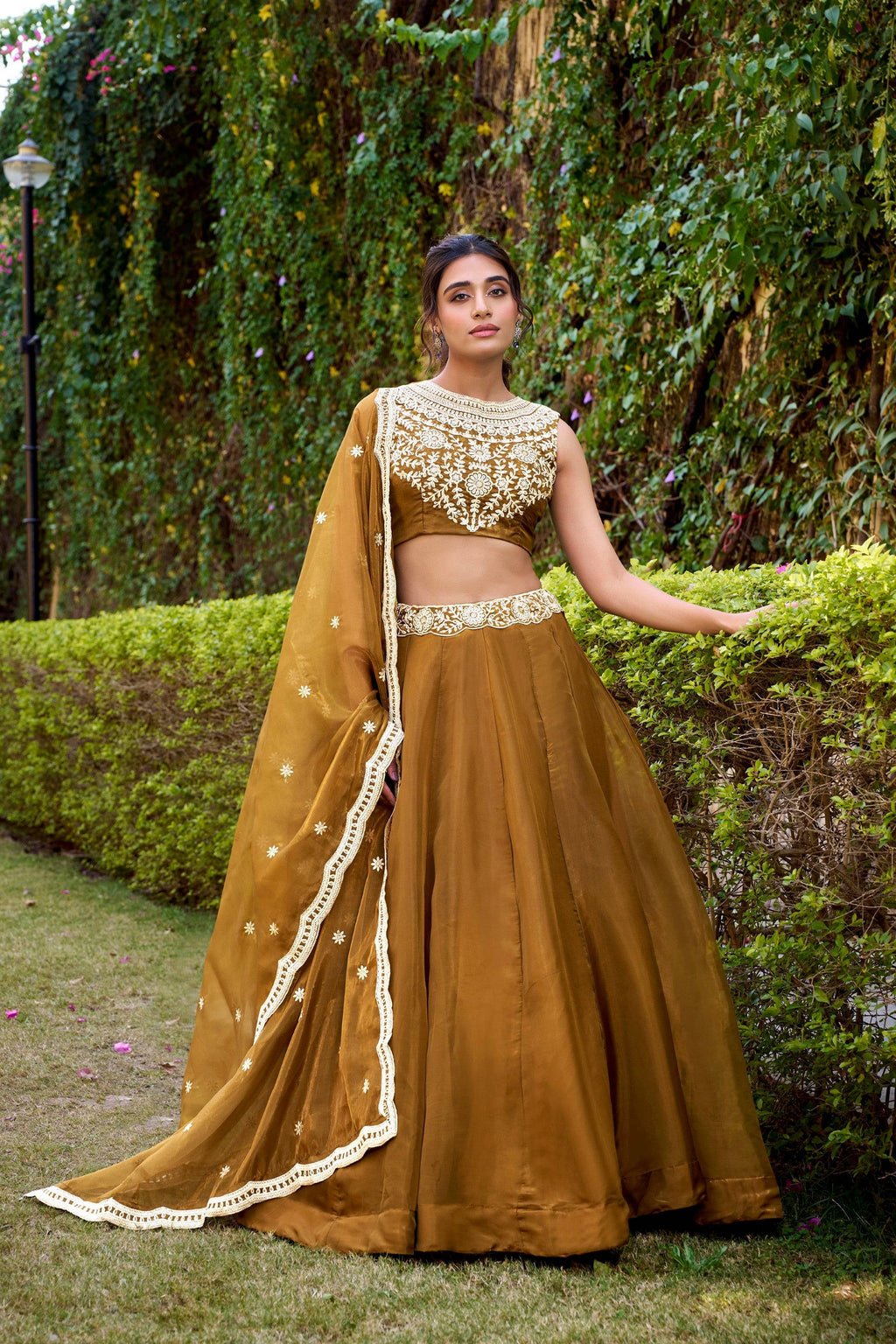Lorenvalley Fashion Brown Chanda Silk Plain With Sequins and Thread Embroidery Work Belt Lehenga Choli with Dupatta | Grocsy