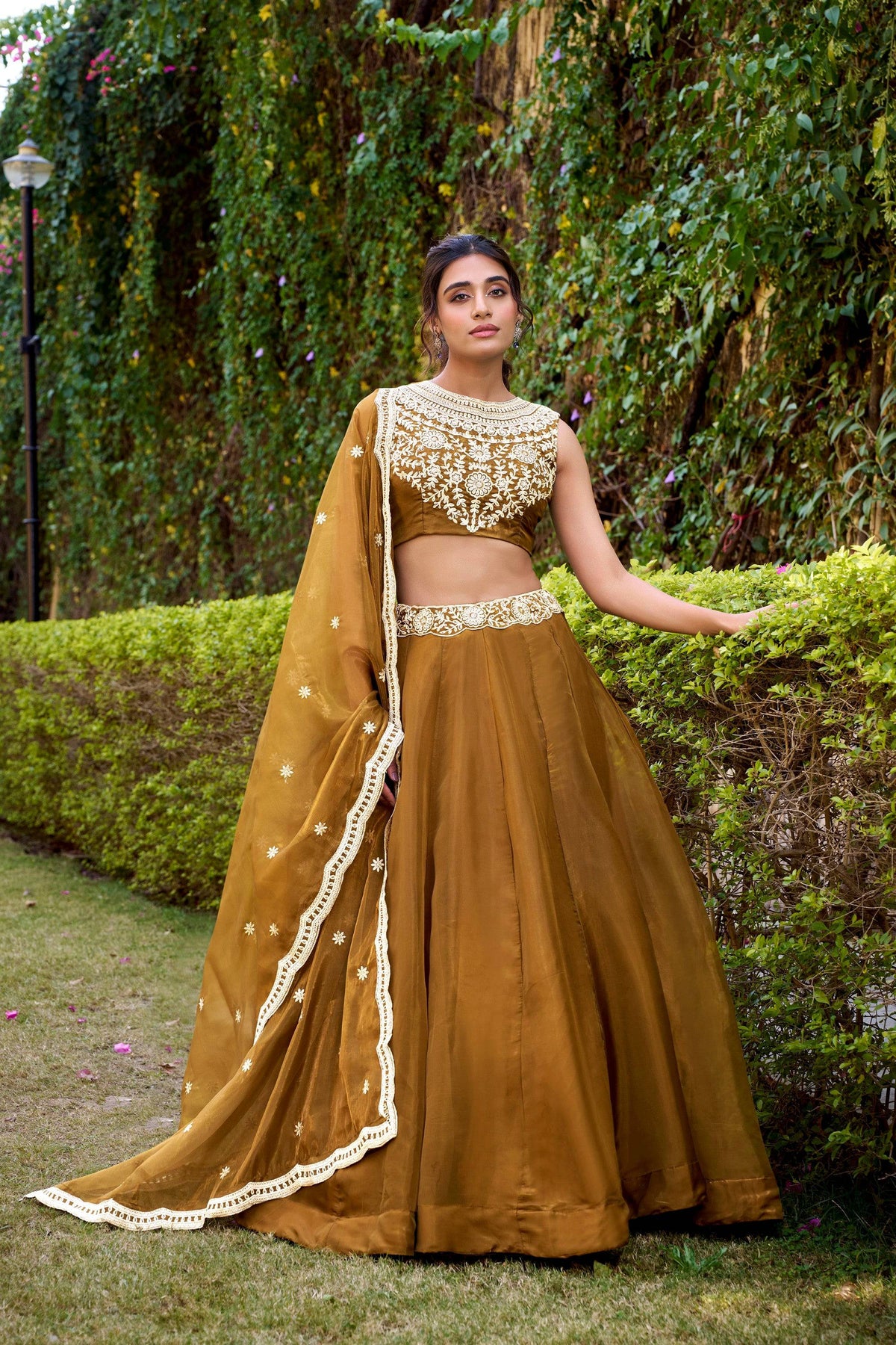 Lorenvalley Fashion Brown Chanda Silk Plain With Sequins and Thread Embroidery Work Belt Lehenga Choli with Dupatta | Grocsy