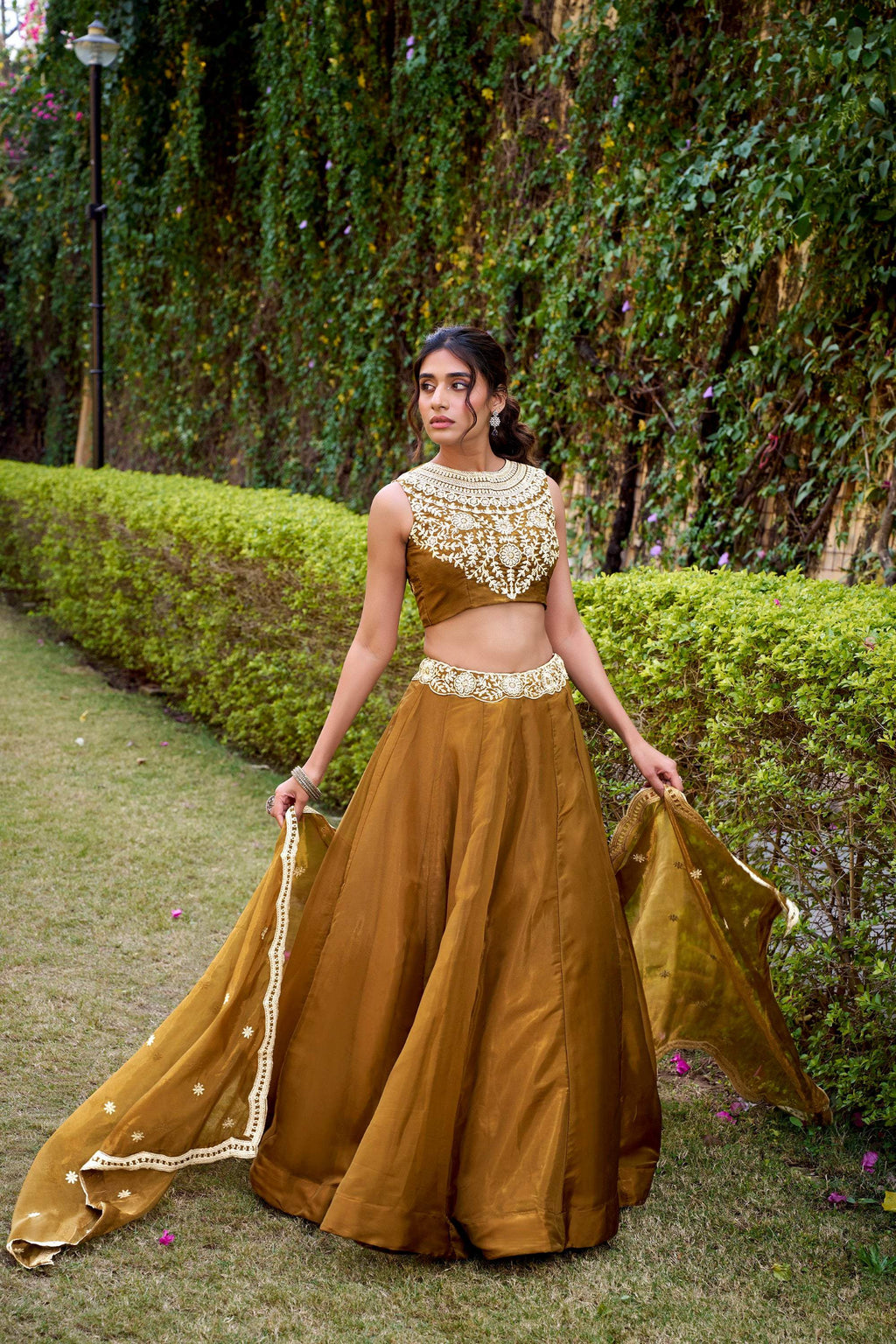 Lorenvalley Fashion Brown Chanda Silk Plain With Sequins and Thread Embroidery Work Belt Lehenga Choli with Dupatta | Grocsy