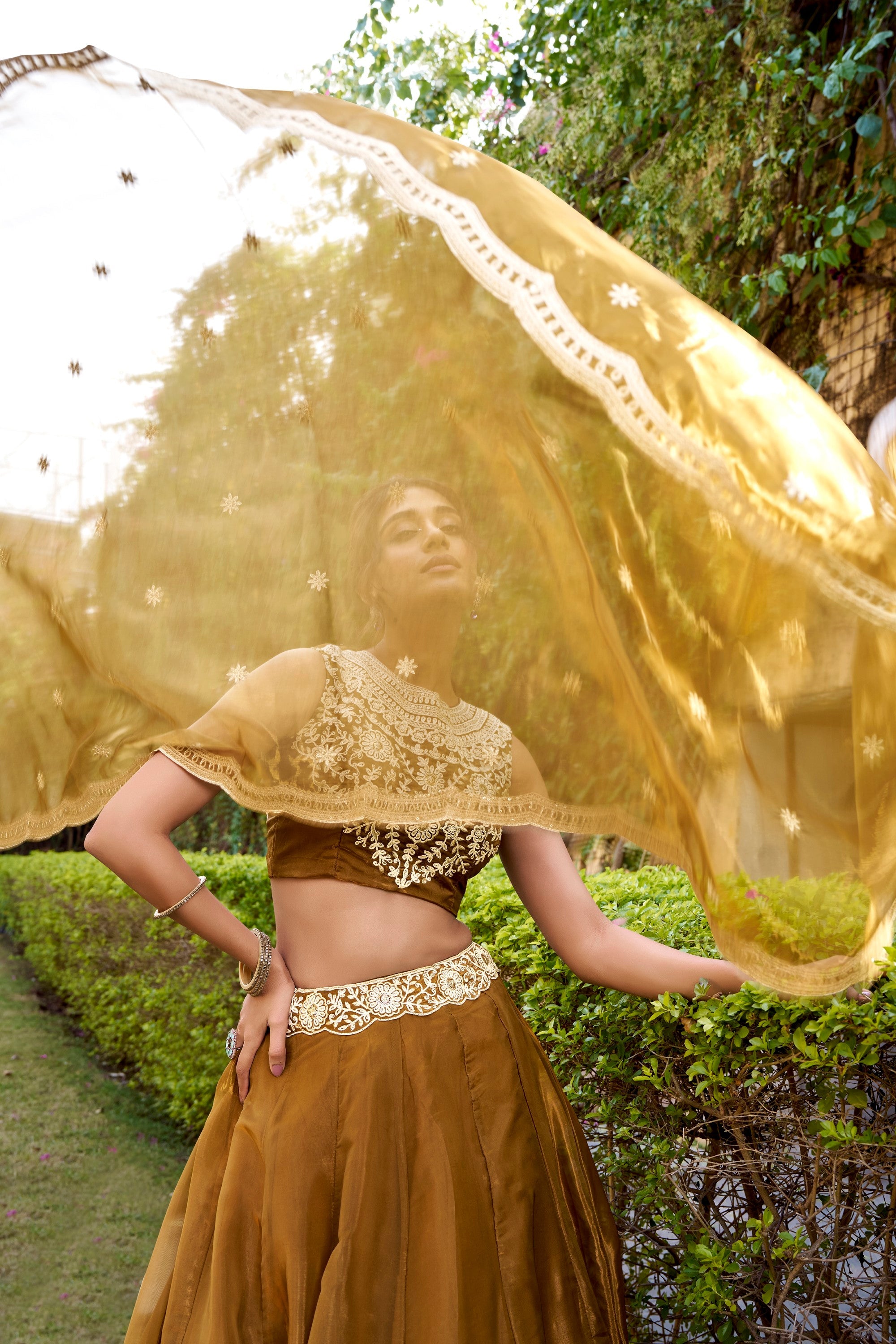 Lorenvalley Fashion Brown Chanda Silk Plain With Sequins and Thread Embroidery Work Belt Lehenga Choli with Dupatta | Grocsy