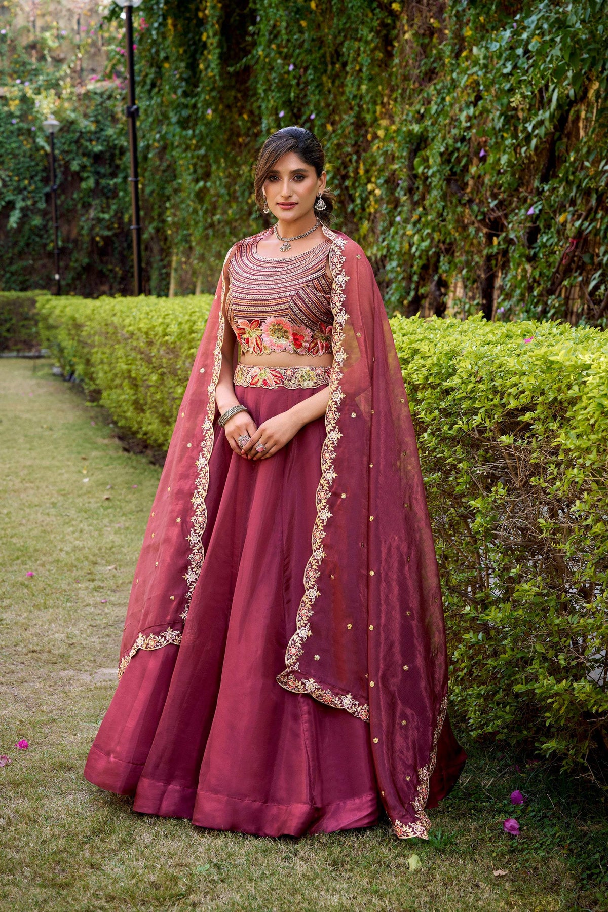 Lorenvalley Fashion Rust Chanda Silk Plain With Sequins and Thread Embroidery Work Belt Lehenga Choli with Dupatta | Grocsy