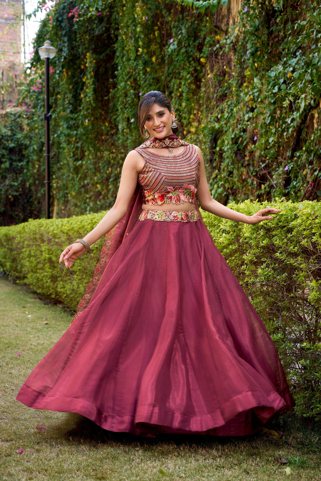 Lorenvalley Fashion Rust Chanda Silk Plain With Sequins and Thread Embroidery Work Belt Lehenga Choli with Dupatta | Grocsy