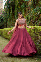 Lorenvalley Fashion Rust Chanda Silk Plain With Sequins and Thread Embroidery Work Belt Lehenga Choli with Dupatta | Grocsy