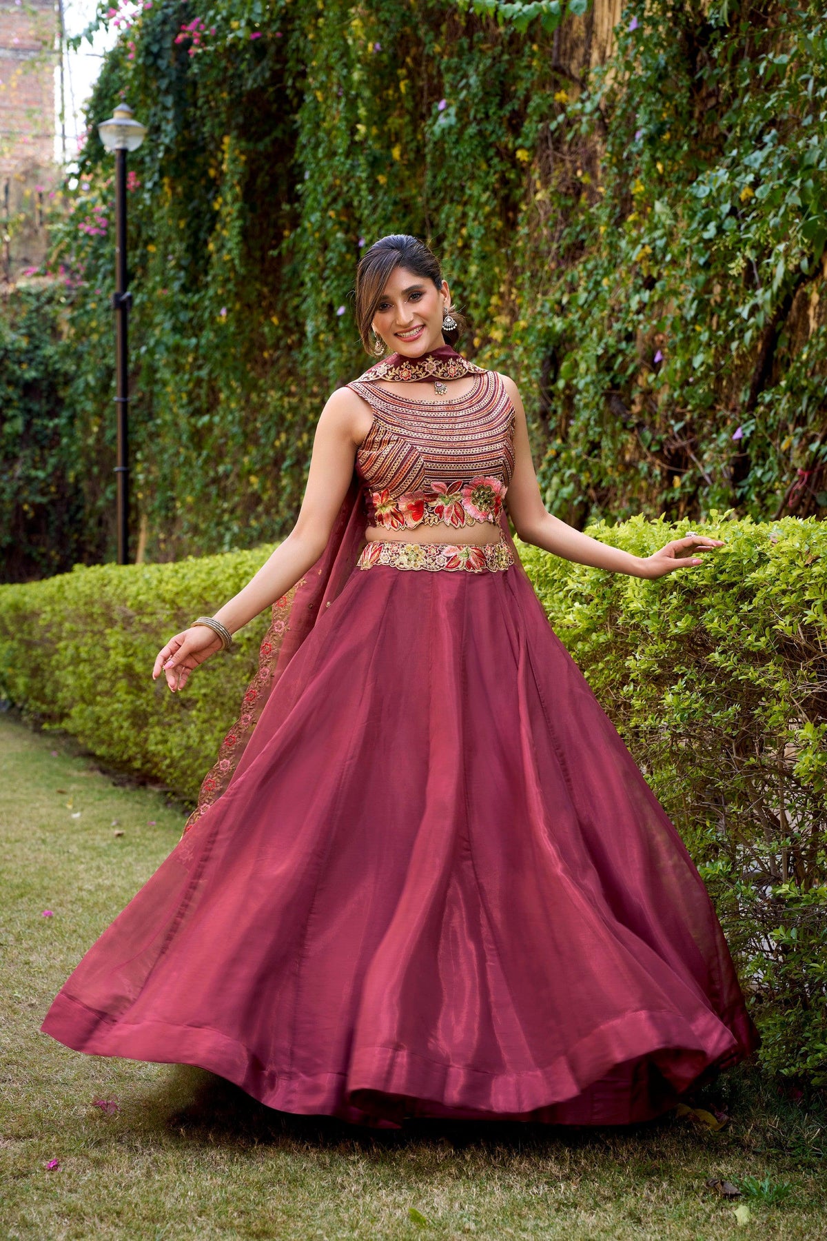 Lorenvalley Fashion Rust Chanda Silk Plain With Sequins and Thread Embroidery Work Belt Lehenga Choli with Dupatta | Grocsy