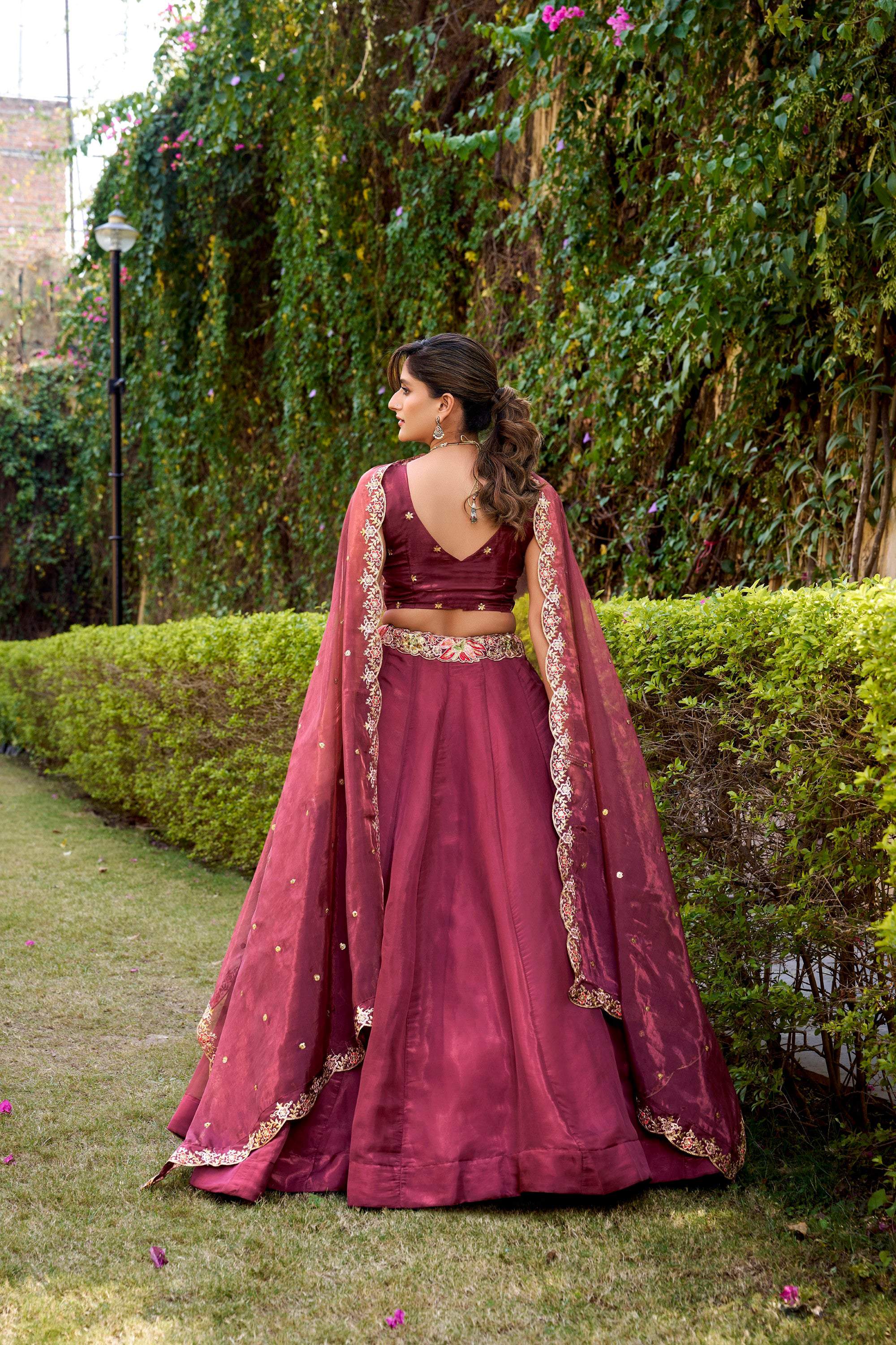 Lorenvalley Fashion Rust Chanda Silk Plain With Sequins and Thread Embroidery Work Belt Lehenga Choli with Dupatta | Grocsy