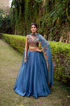 Lorenvalley Fashion Teal Chanda Silk Plain With Sequins and Thread Embroidery Work Belt Lehenga Choli with Dupatta | Grocsy