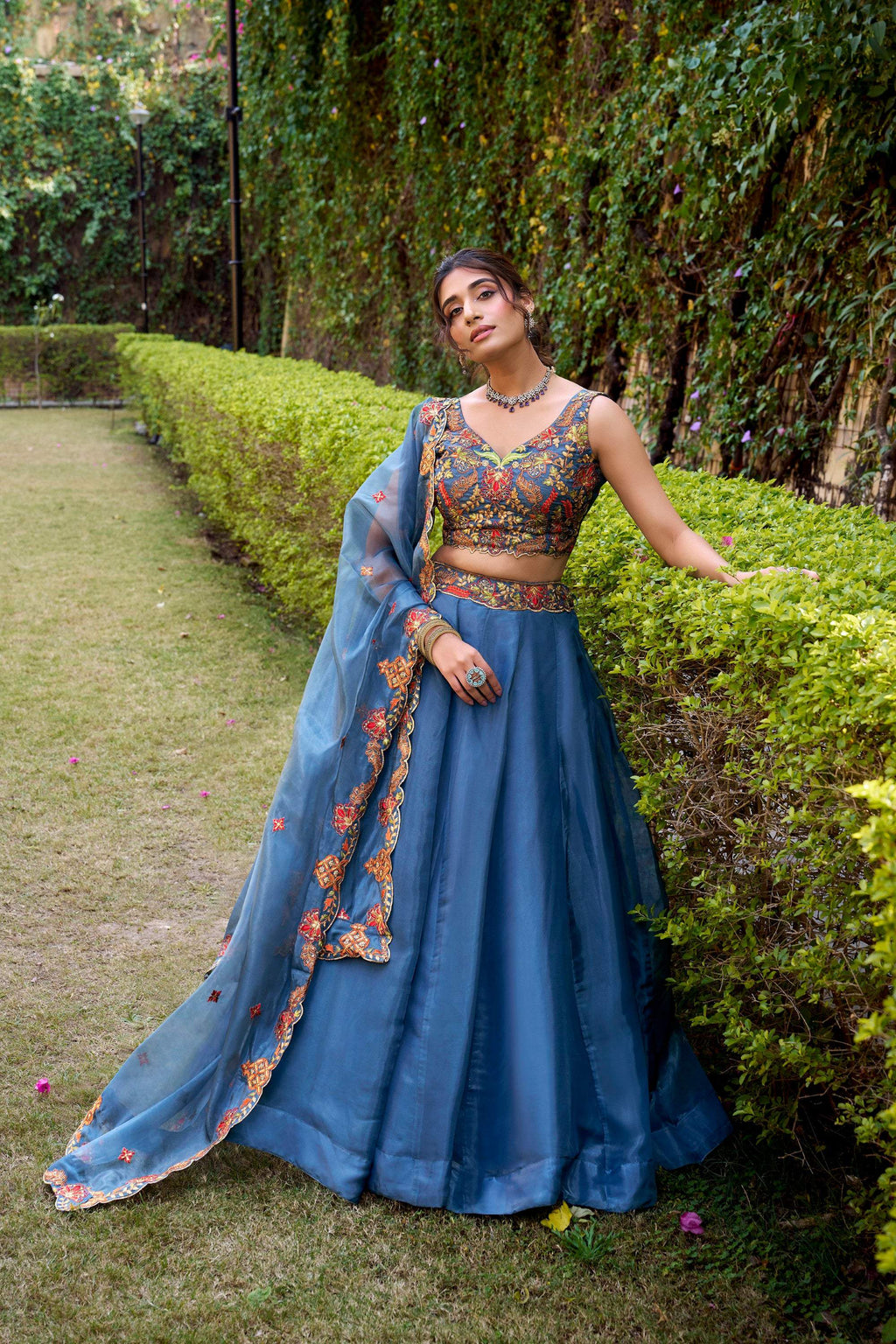 Lorenvalley Fashion Teal Chanda Silk Plain With Sequins and Thread Embroidery Work Belt Lehenga Choli with Dupatta | Grocsy